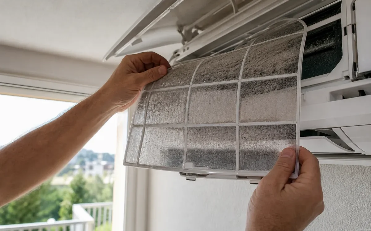 Roke odstranjujejo zaprašen zračni filter iz notranje enote klimatske naprave