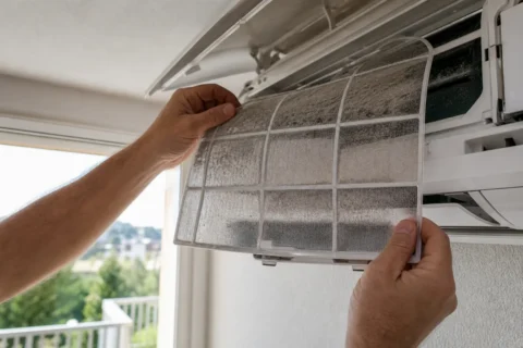 Roke odstranjujejo zaprašen zračni filter iz notranje enote klimatske naprave
