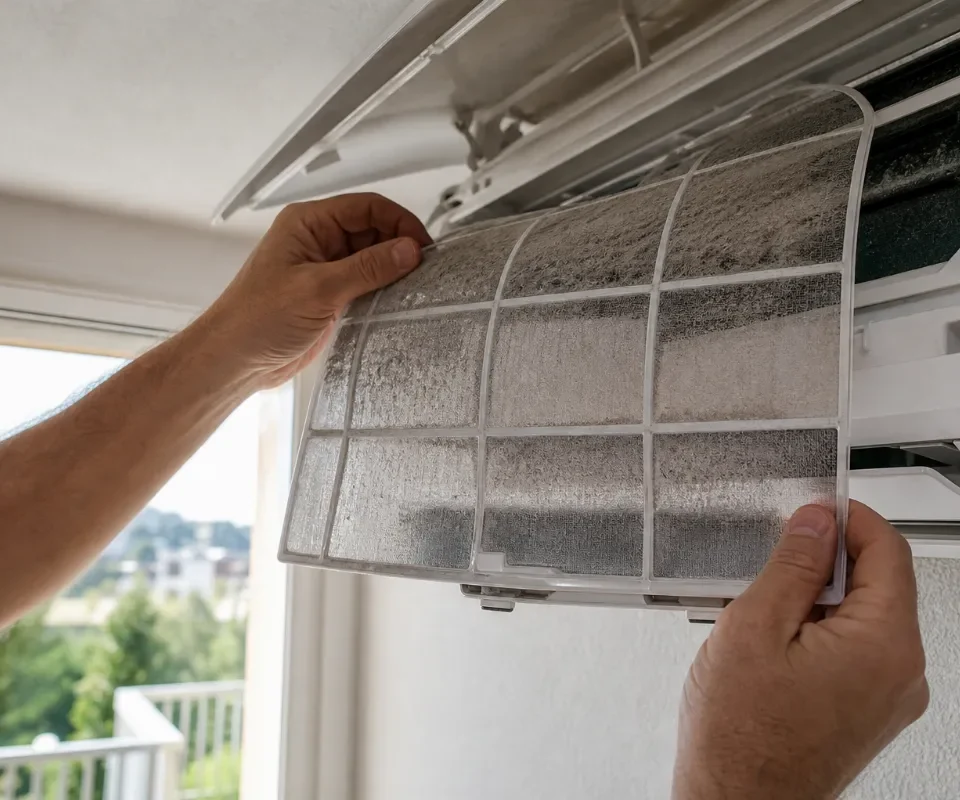 Roke odstranjujejo zaprašen zračni filter iz notranje enote klimatske naprave