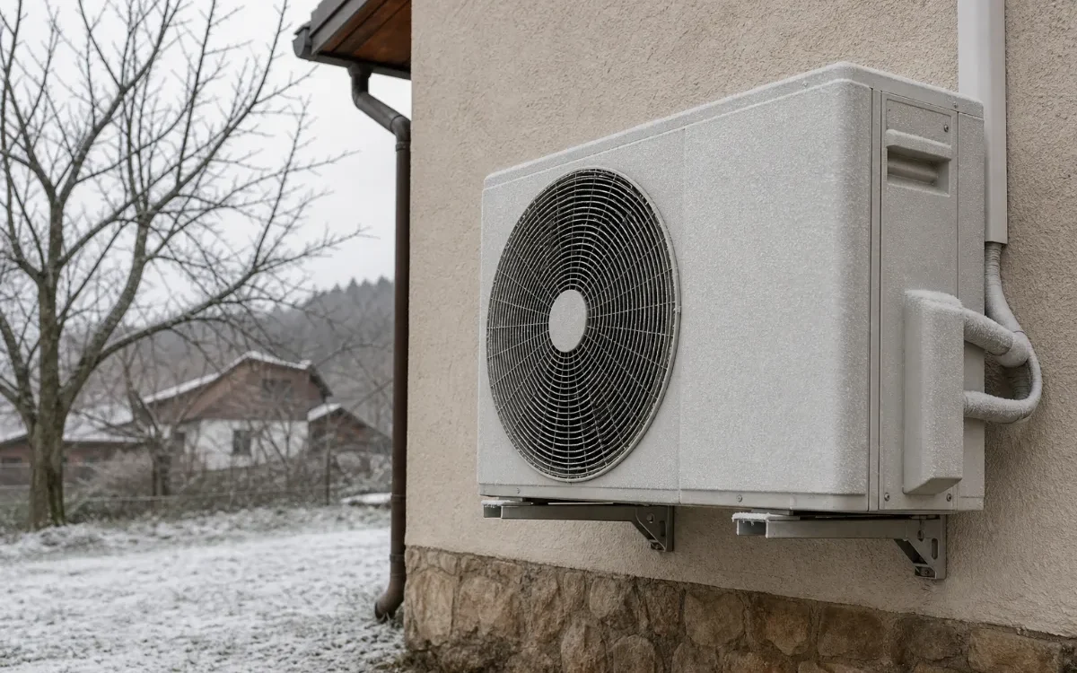 Zunanja enota klimatske naprave pozimi z ivjem na ohišju in snegom okoli nje