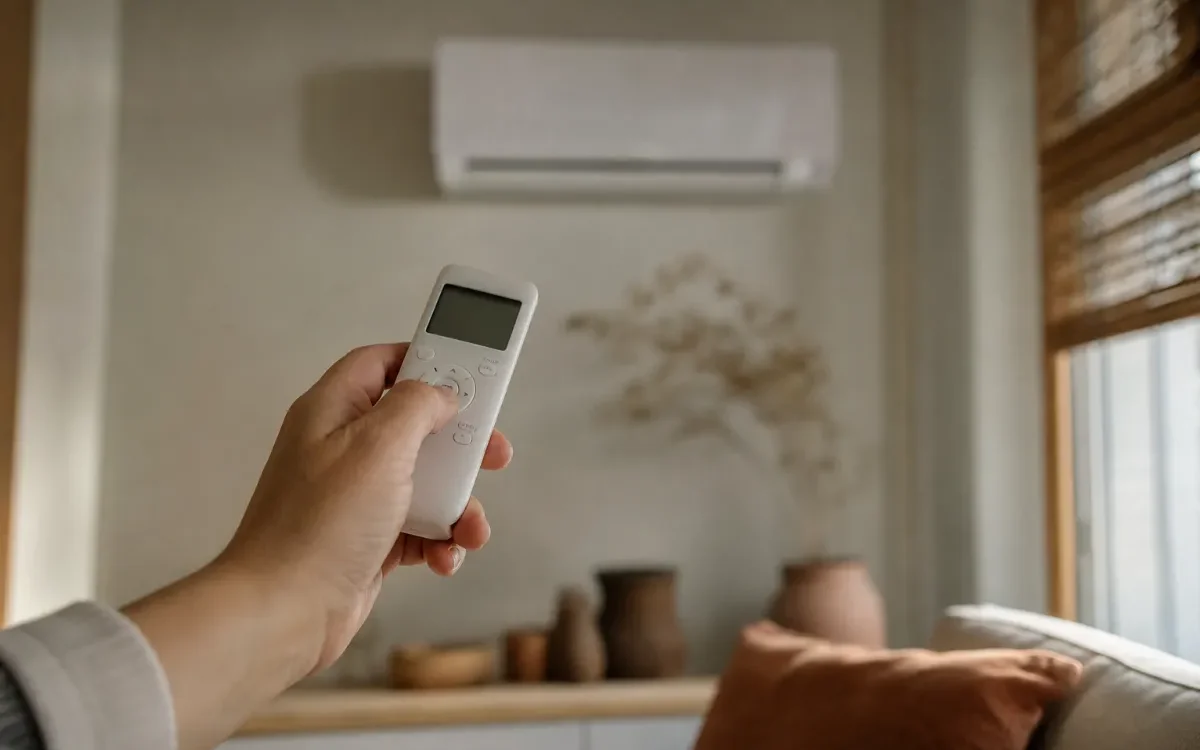 Roka z daljinskim upravljalnikom klimatske naprave v svetli dnevni sobi