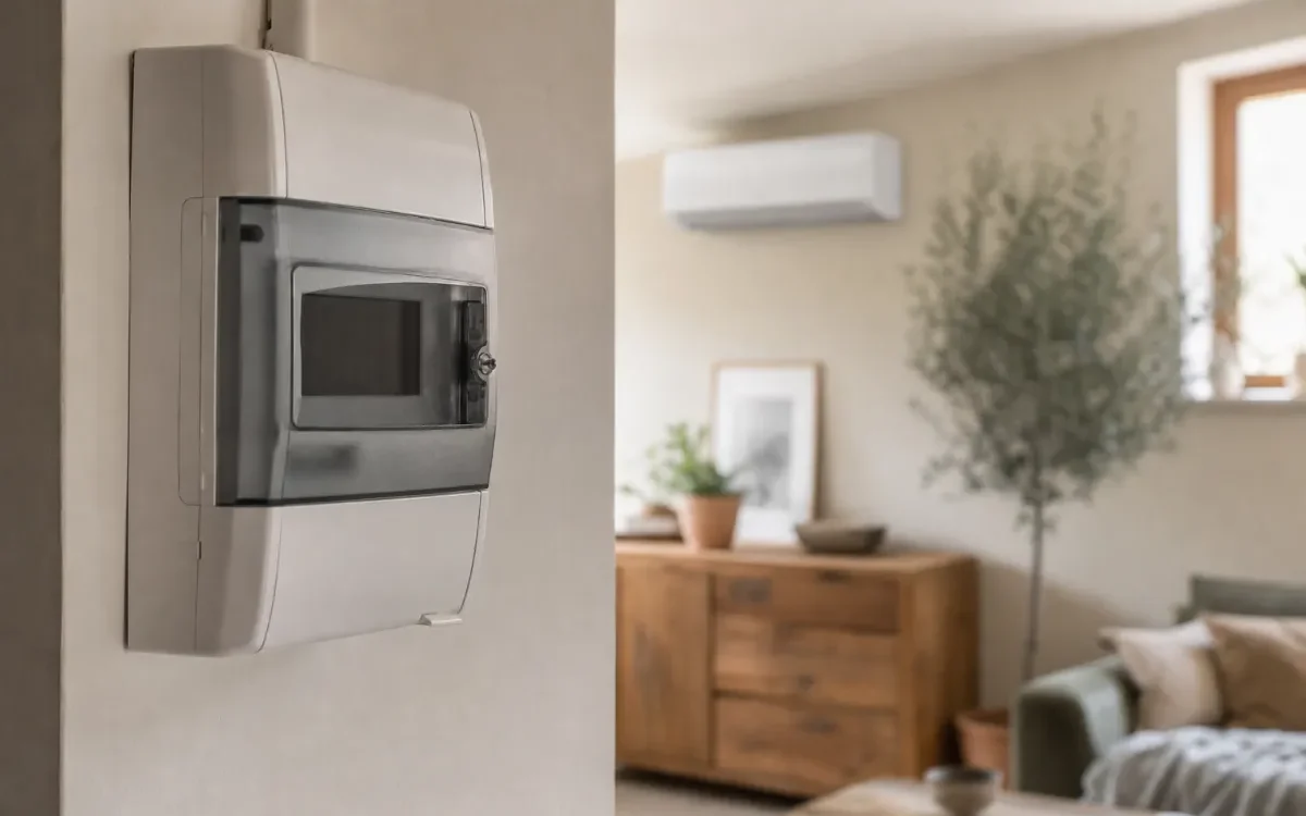Digitalni števec električne energije v stanovanju s klimatsko napravo v ozadju