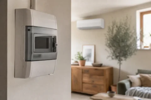 Digitalni števec električne energije v stanovanju s klimatsko napravo v ozadju