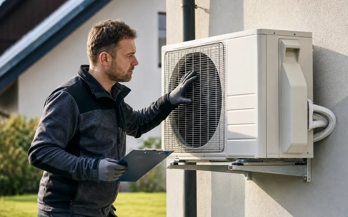 Serviser pregleduje zunanjo enoto klimatske naprave in zapisuje ugotovitve