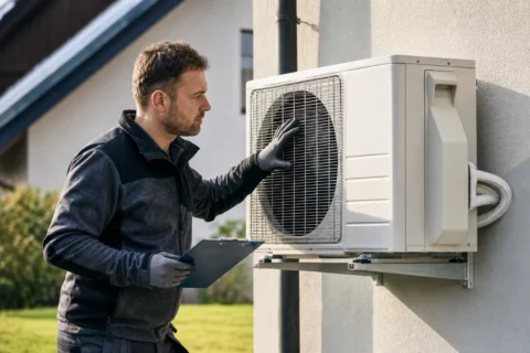 Serviser pregleduje zunanjo enoto klimatske naprave in zapisuje ugotovitve